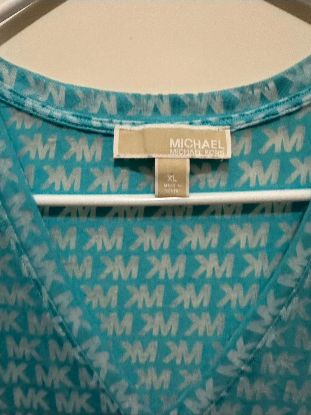 Michael Kors Turquoise MK Logo V-Neck Short Sleeve Tee